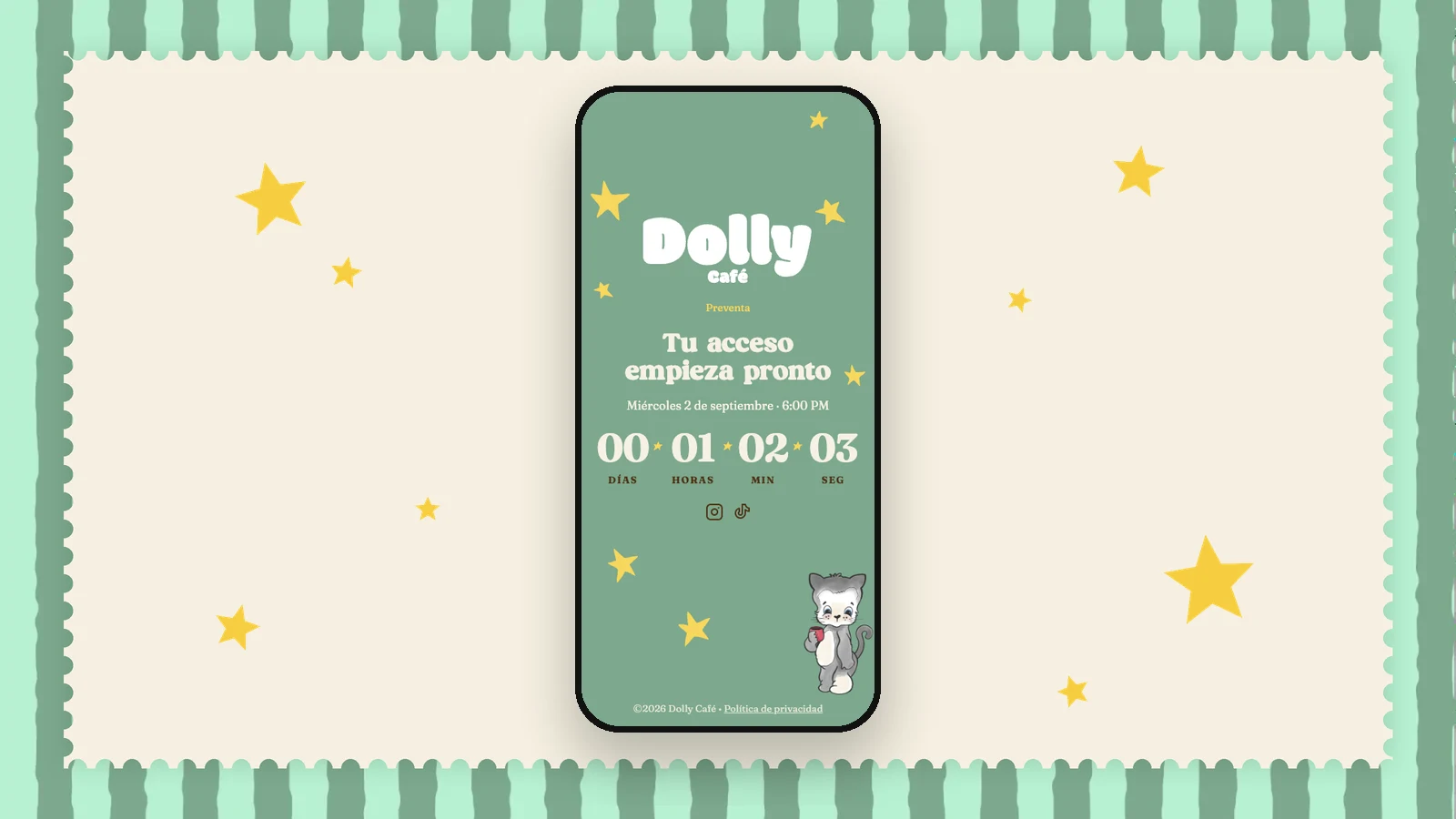 La cuenta regresiva de la tienda de Dolly Café en un celular