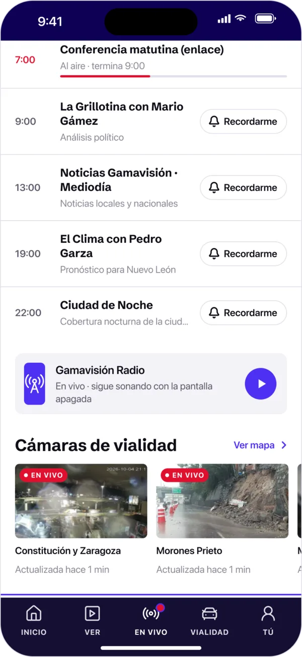 Programación del día de la señal en vivo de Gamavisión, con recordatorios y la radio