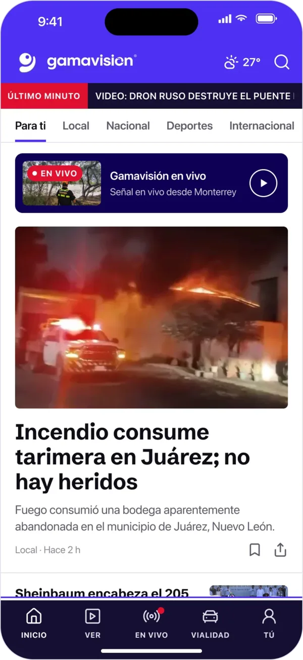 Inicio de la app de Gamavisión con la cintilla de última hora, la señal en vivo y las secciones