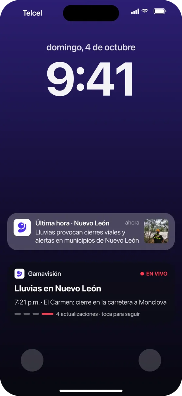 Pantalla de bloqueo con la notificación de última hora y la cobertura en vivo de Gamavisión