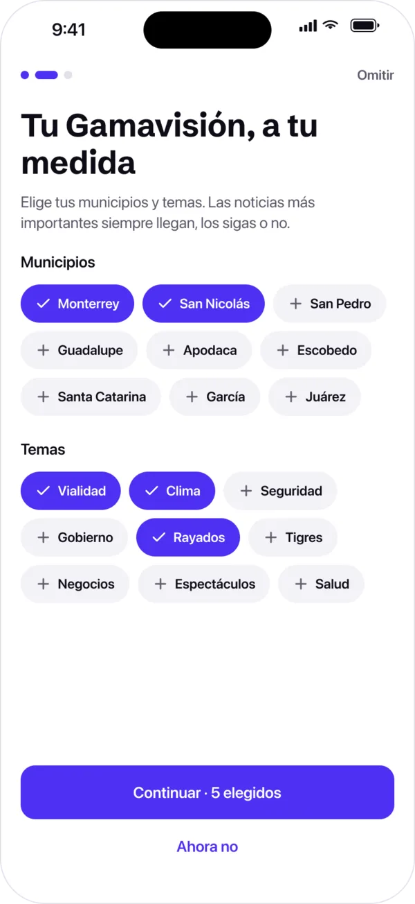Bienvenida de la app de Gamavisión para elegir municipios y temas