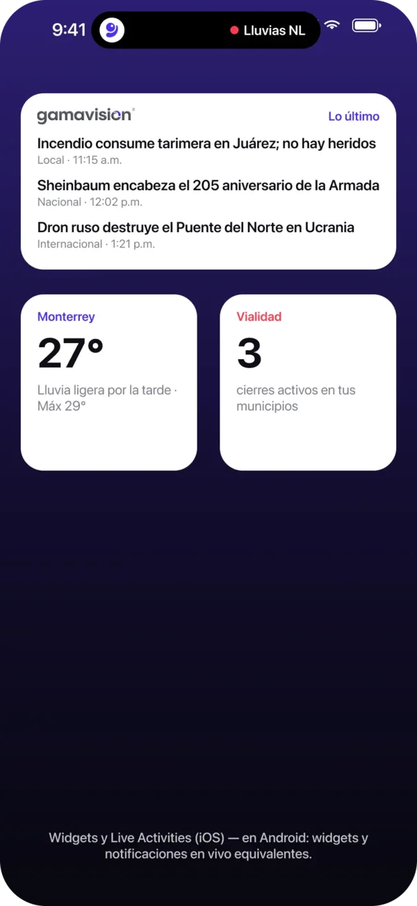 Widgets de Gamavisión en la pantalla de inicio del celular