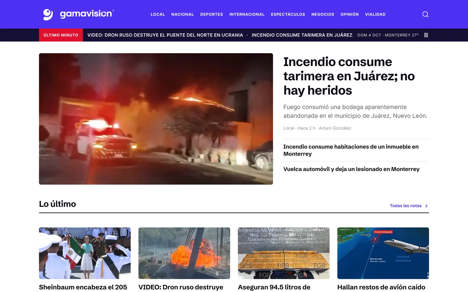 Inicio del portal de Gamavisión con la cintilla de último minuto, la nota principal y lo último