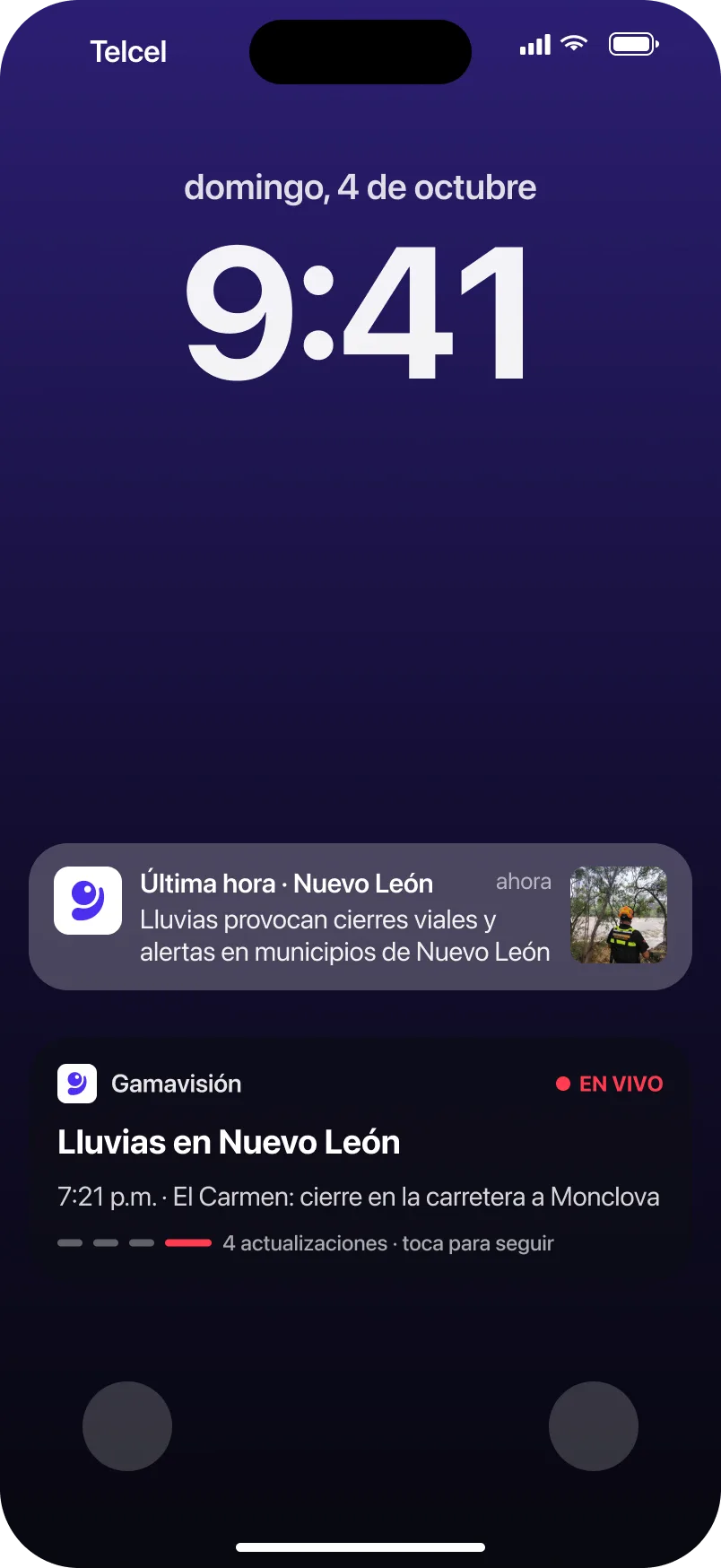 Pantalla de bloqueo con la notificación de última hora y la cobertura en vivo de Gamavisión