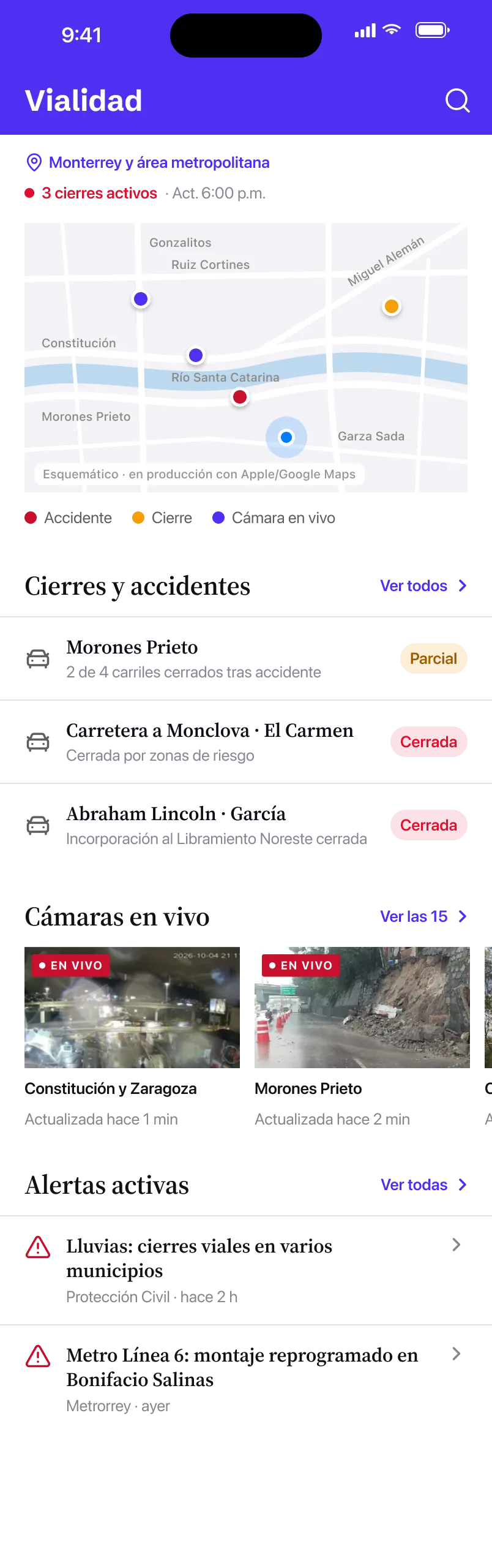 Pantalla de Vialidad con mapa, cierres activos y cámaras en vivo
