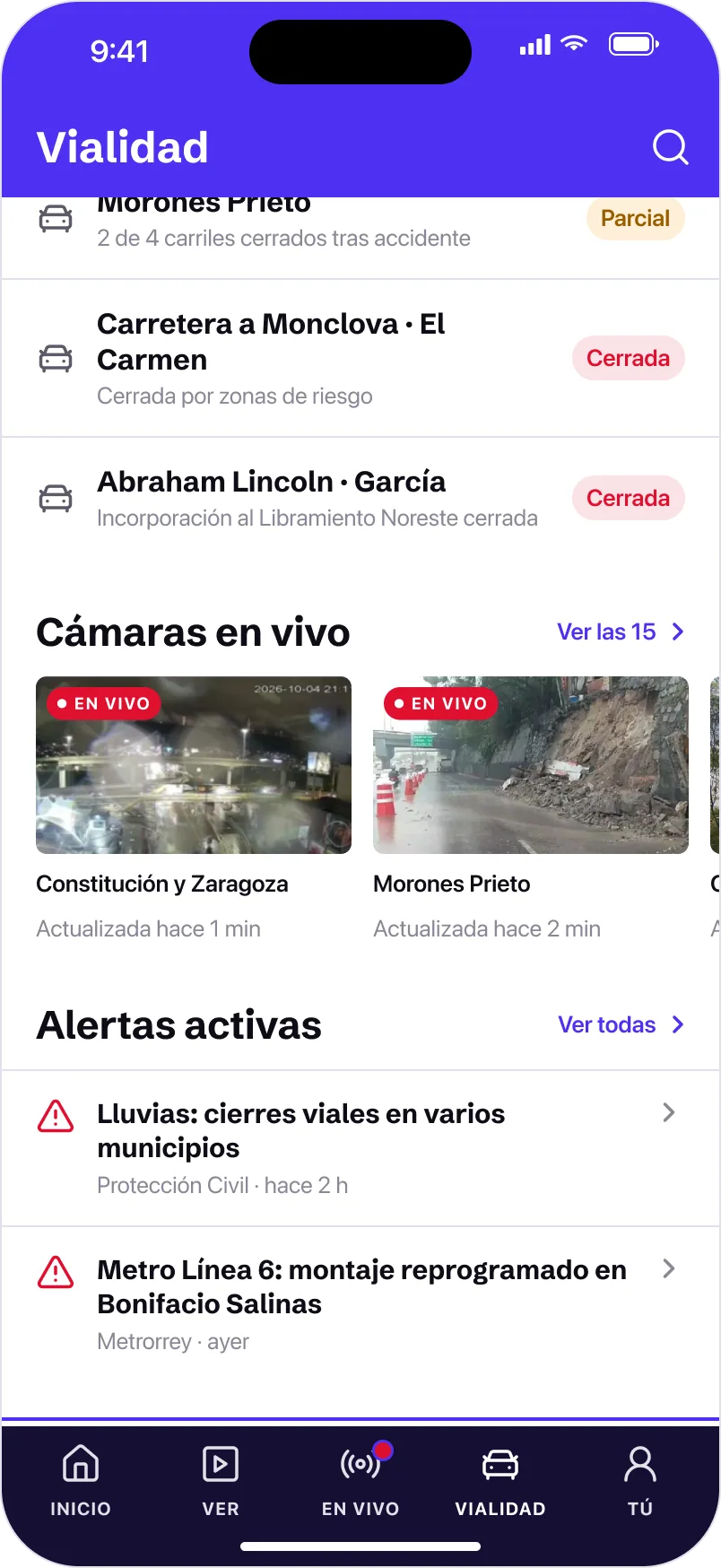 Vialidad en la app: cierres, cámaras en vivo y alertas activas