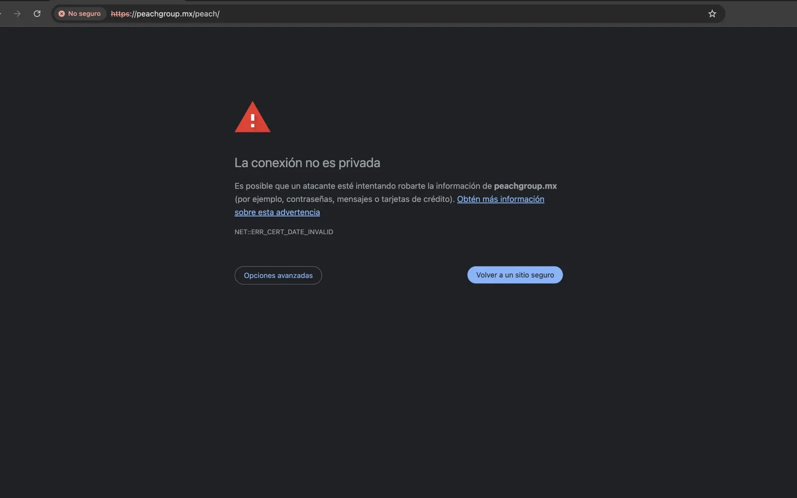Sitio anterior de Peach Group: el navegador muestra «La conexión no es privada» por un certificado vencido