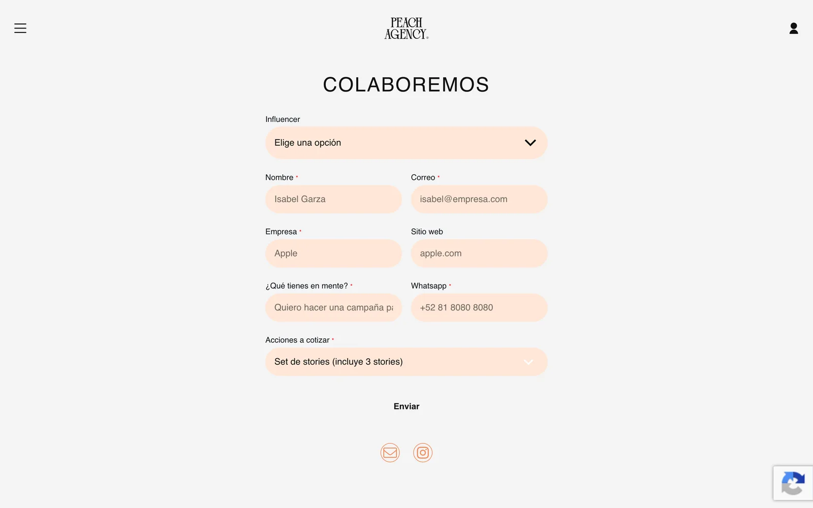 Formulario de contacto del sitio anterior de Peach Agency