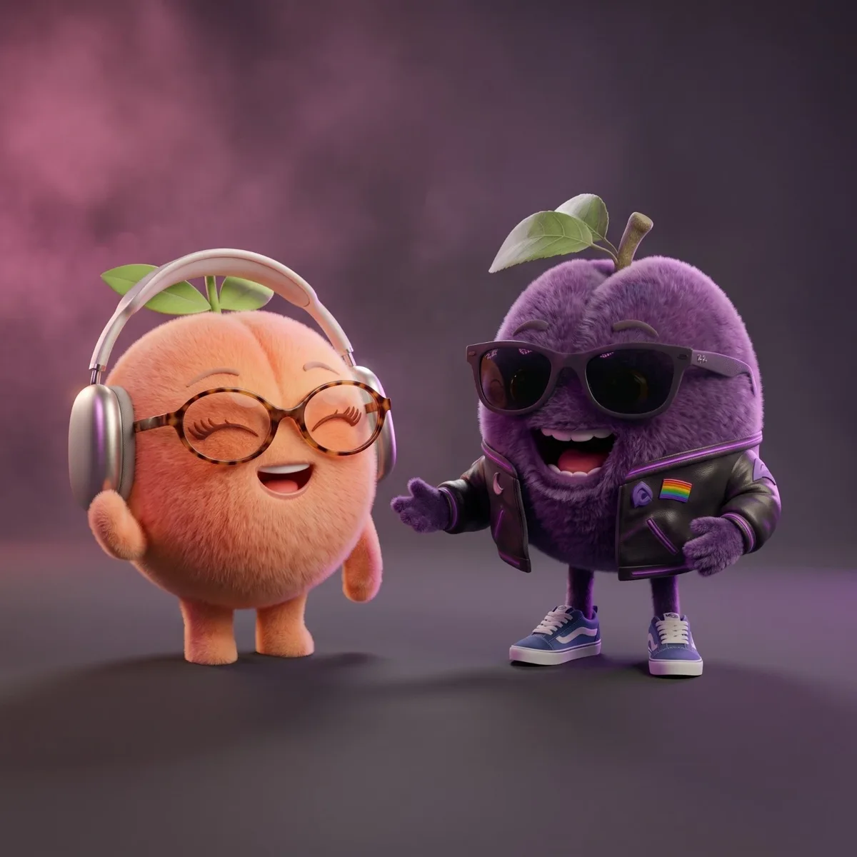 Peachy y Plumesio juntos: el durazno de Peach Agency con audífonos y lentes de carey, y la ciruela de Plum Agency con lentes oscuros y chamarra de piel