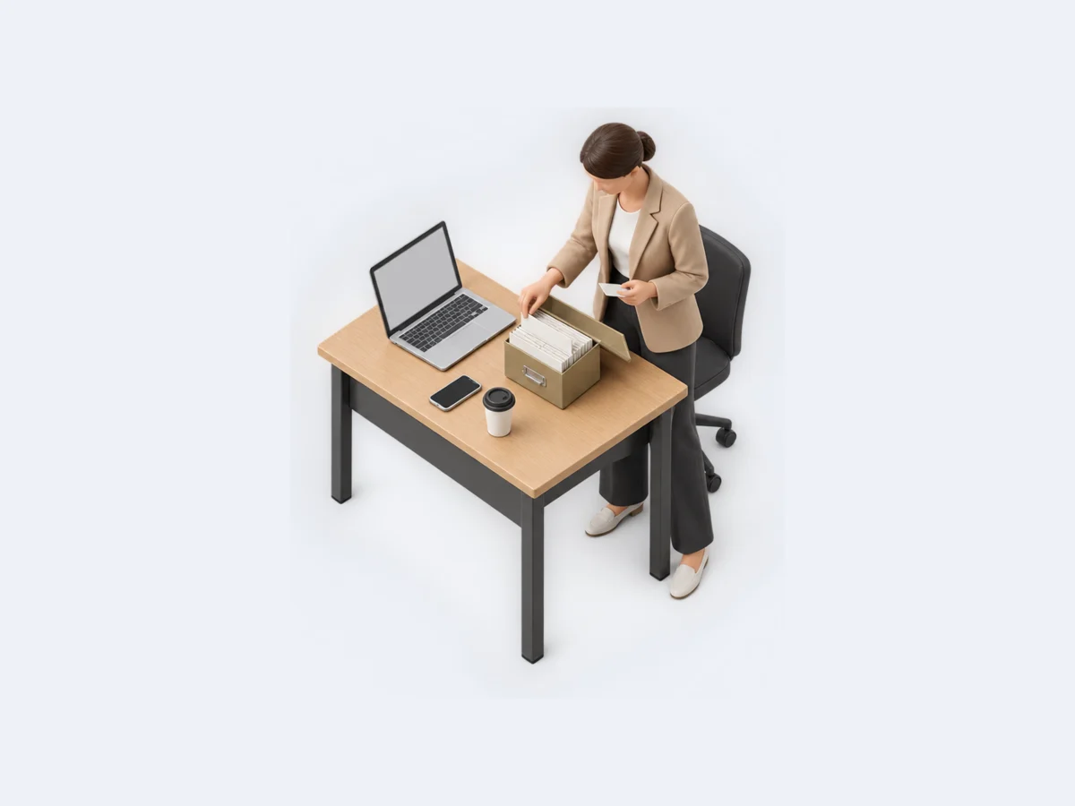 Miniatura isométrica: una vendedora en su escritorio con un fichero de tarjetas de clientes, su laptop y el celular