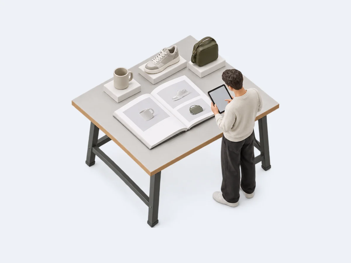 Miniatura isométrica: una mesa de trabajo con productos fotografiados, un catálogo impreso abierto y una persona que lo revisa en una tablet
