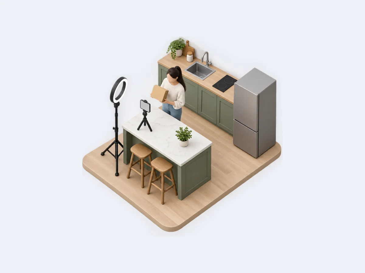 Miniatura isométrica: una creadora graba con su celular en la cocina de su casa la reseña de un producto