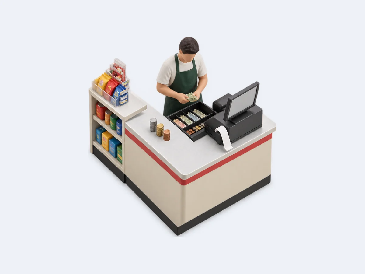 Miniatura isométrica: una cajera en el mostrador de una tienda cuenta billetes junto a la caja abierta, con el ticket del corte