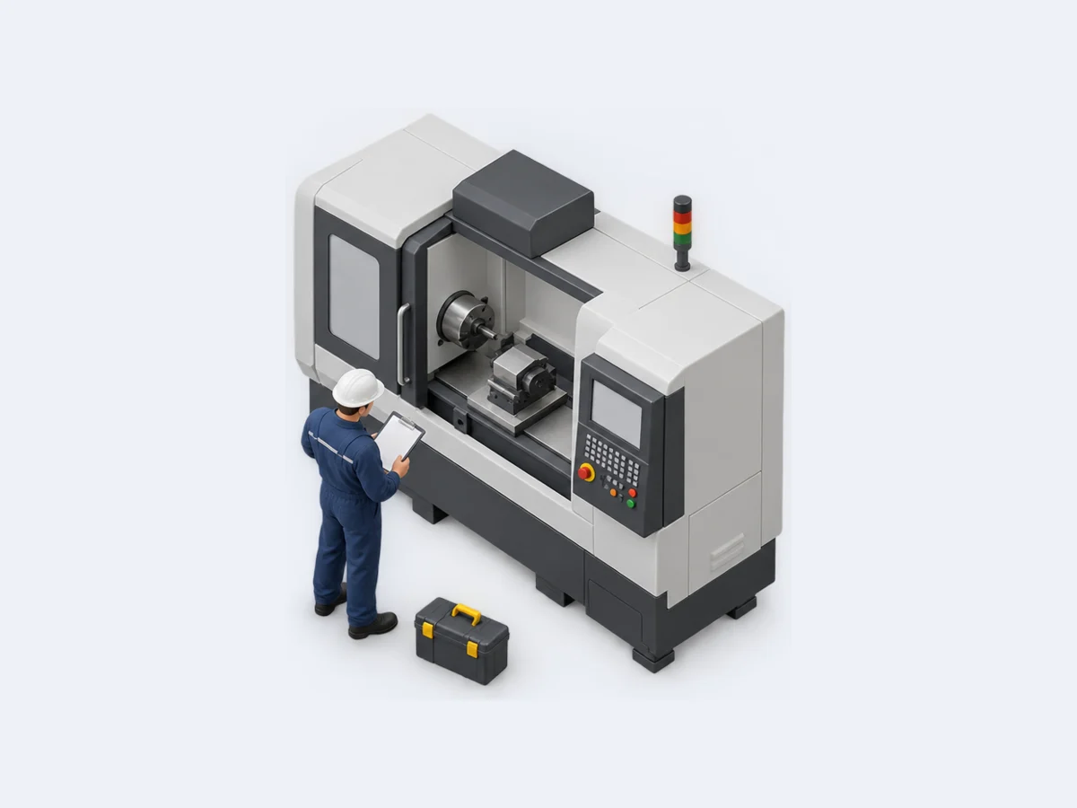 Miniatura isométrica: un técnico revisa una máquina industrial en una planta, con una tabla de checklist