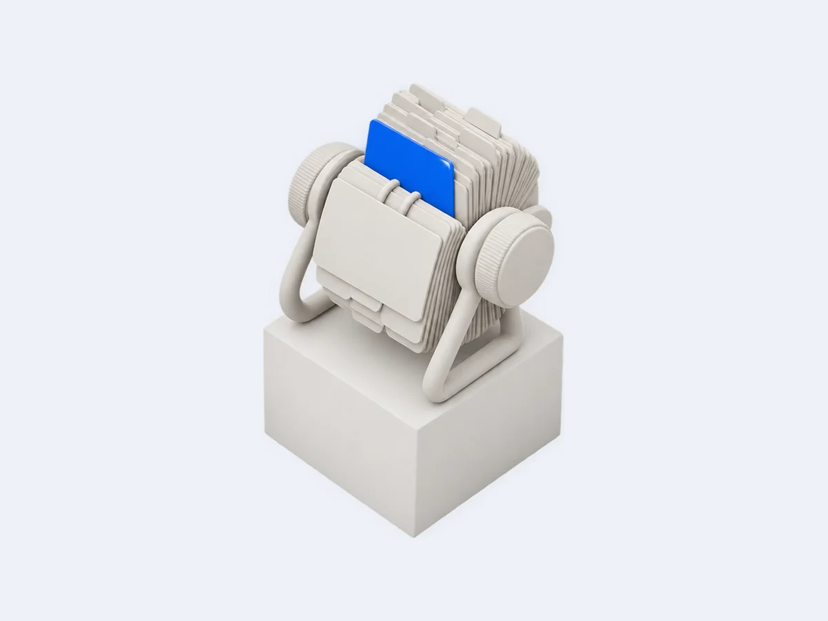 Figura de arcilla blanca: un tarjetero giratorio con una ficha de cliente azul