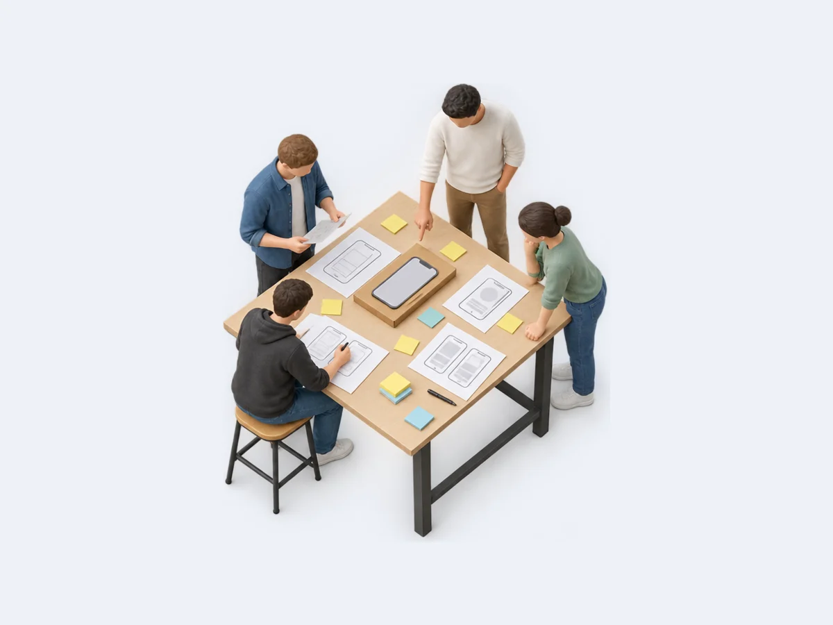 Miniatura isométrica: un equipo de diseño alrededor de una mesa con bocetos en papel y una maqueta de app hecha de cartón