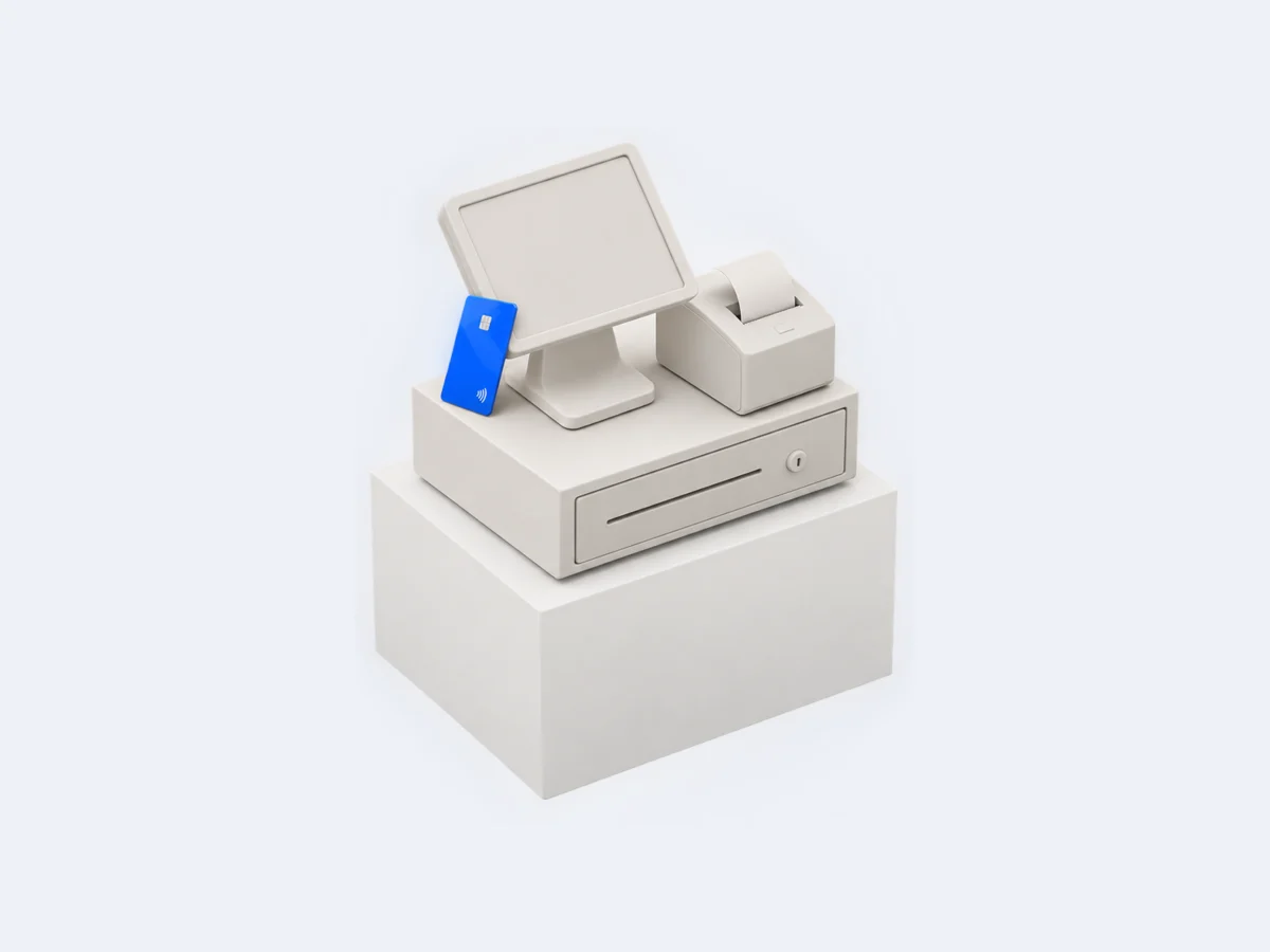 Figura de arcilla blanca: una terminal de punto de venta con una tarjeta de pago azul