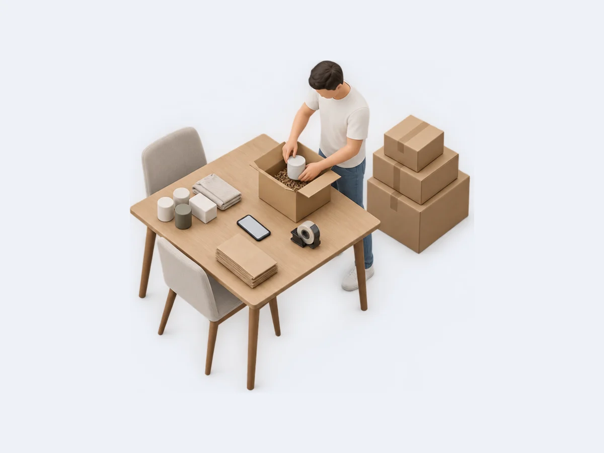 Miniatura isométrica: un emprendedor en su casa prepara cajas de envío junto a su celular y una mesa con productos